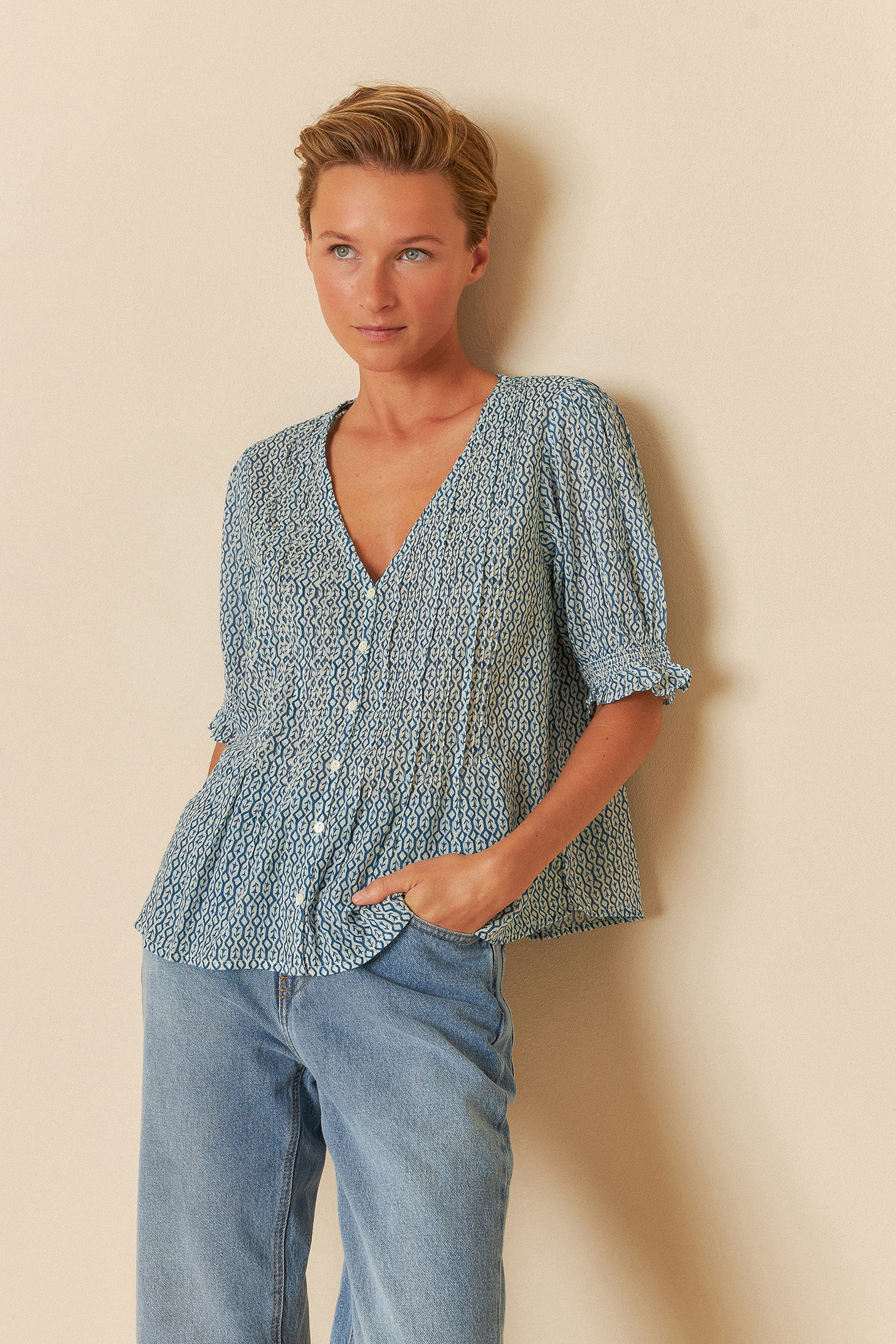 Indi & Cold Print Short Sleeve Shirt Indigo