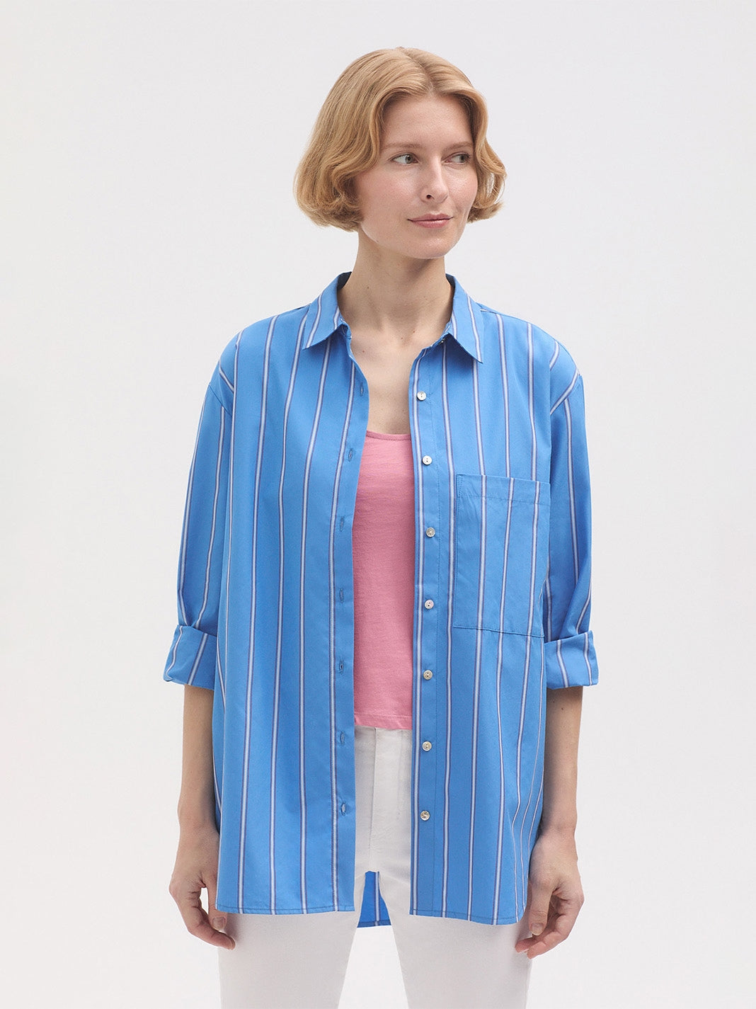 Striped Poplin Shirt - Medium Blue