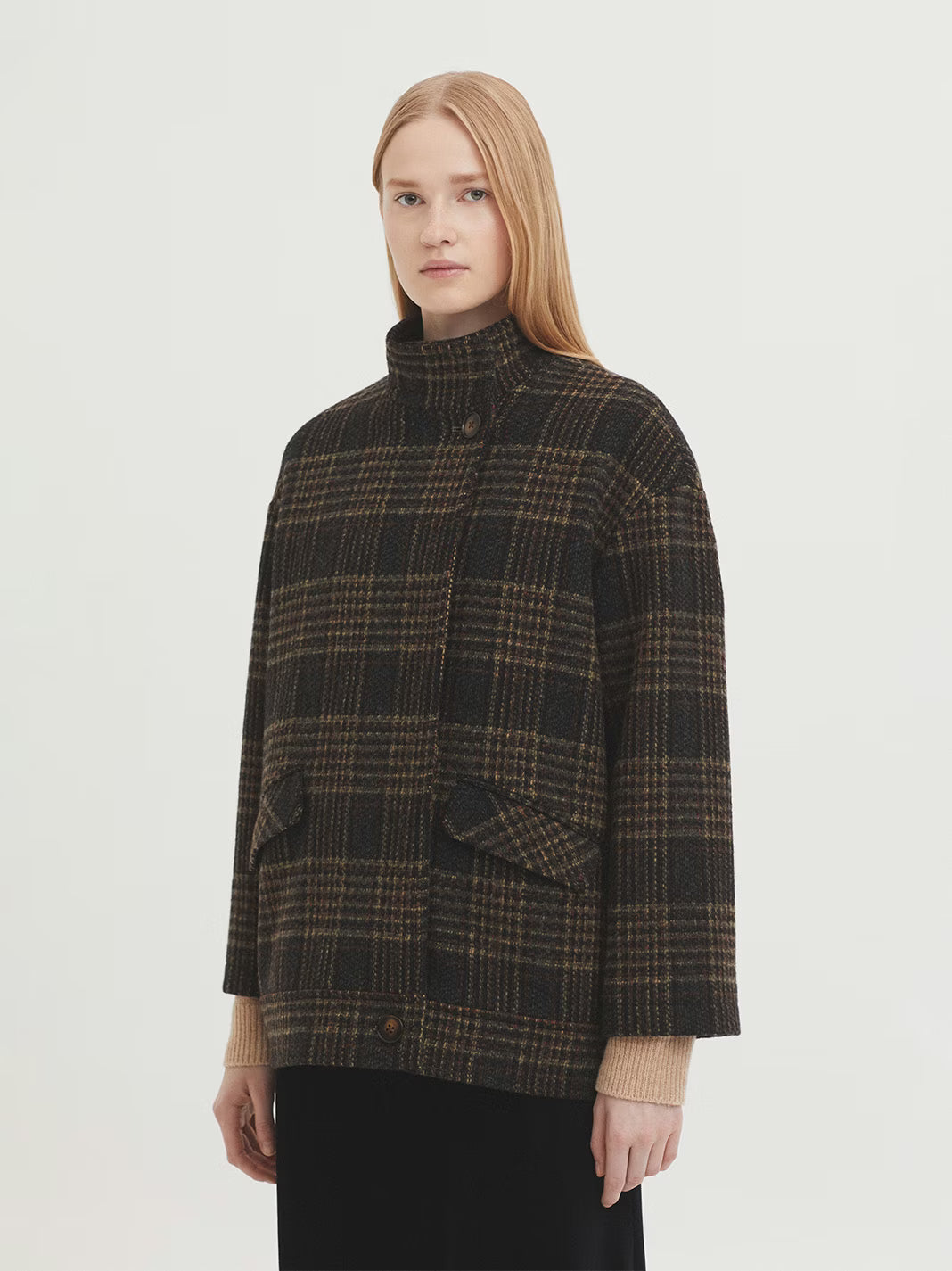 Plaid Wool Blend Jacket - brown tones