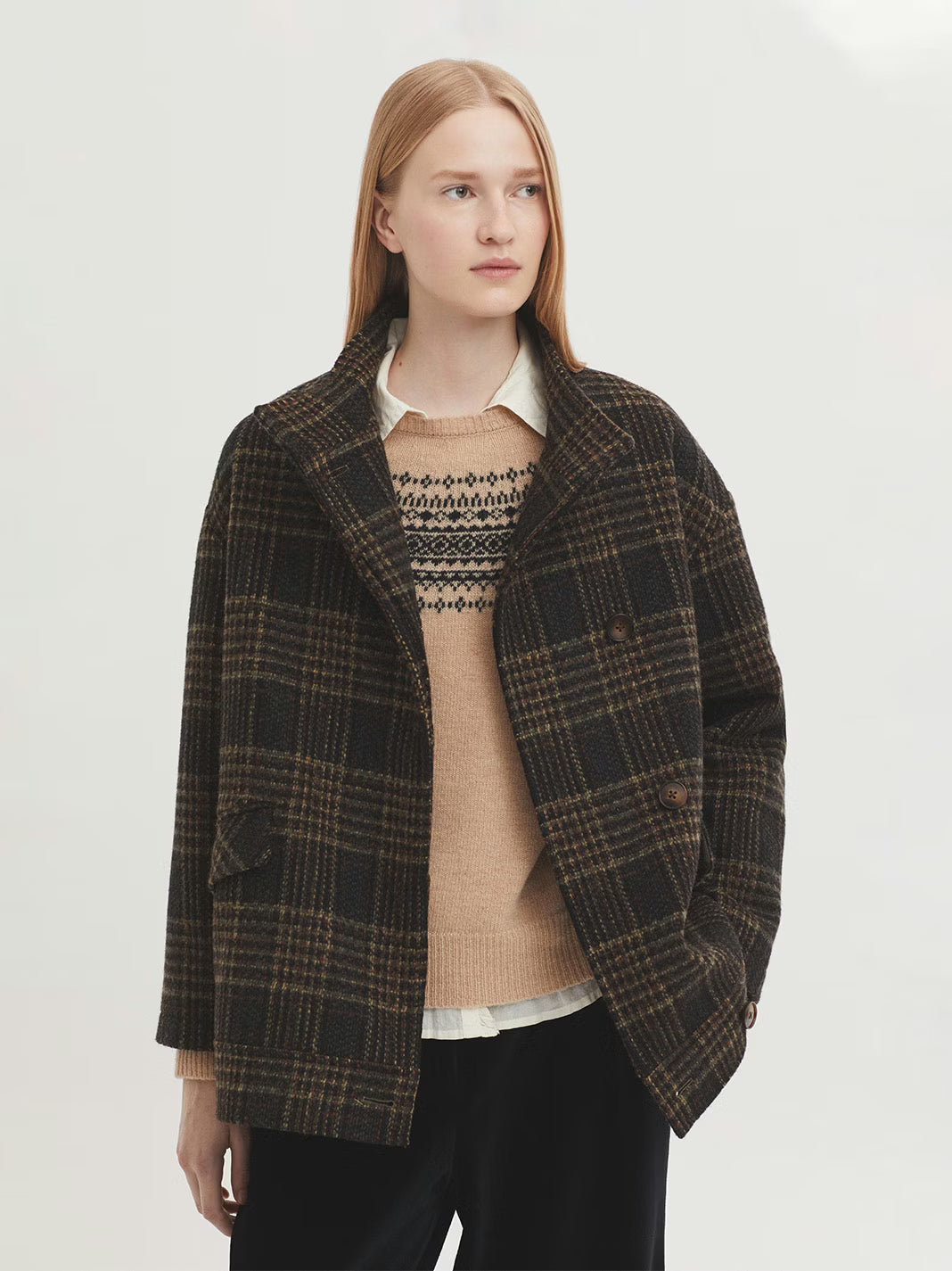 Plaid Wool Blend Jacket - brown tones