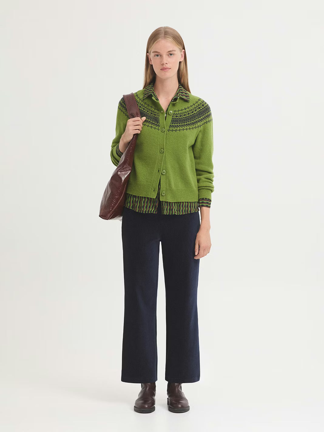 Wool Cardigan with Jacquard Fretwork - Kiwi Green