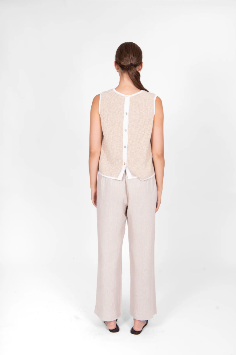 Button Back Vest - Sand/White