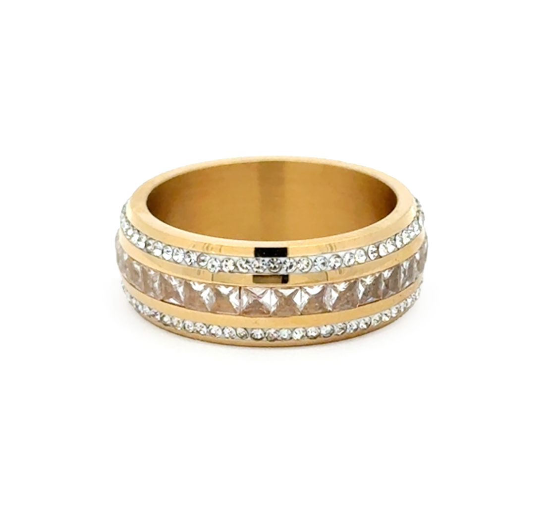 A&C Oslo Pure Steel Champagne and Crystal CZ Ring with 14k Gold Plating