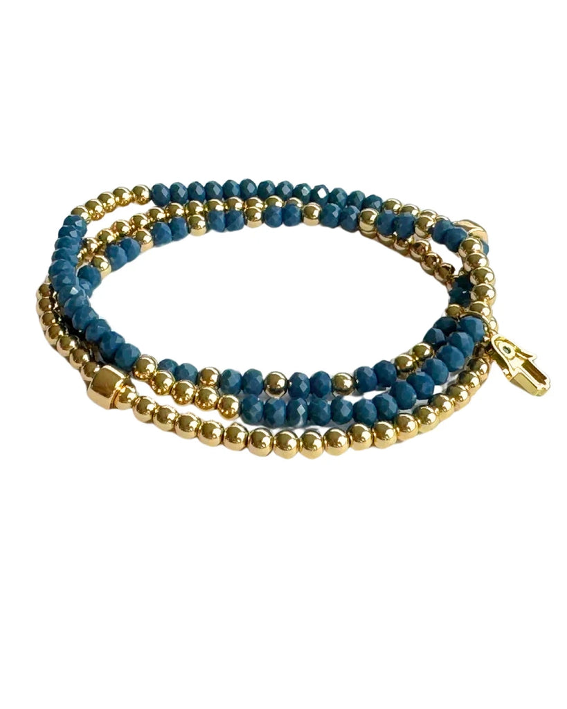 Lindi Kingi Beaded Bracelet Set - Denim Double Wrap and Gold