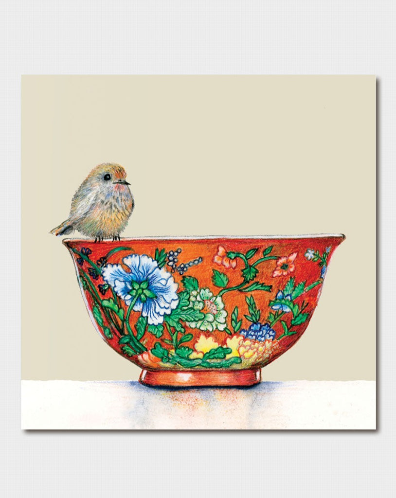 Michaela Laurie Large Card - Coral Blossom Bowl with Tiny Bird