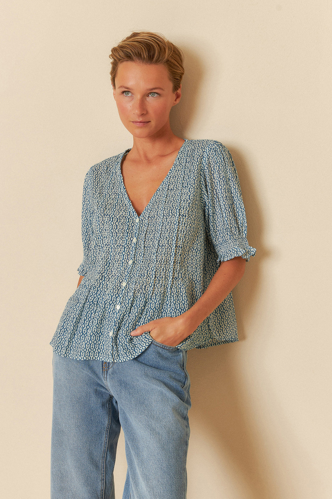 Indi &amp; Cold Print Short Sleeve Shirt Indigo