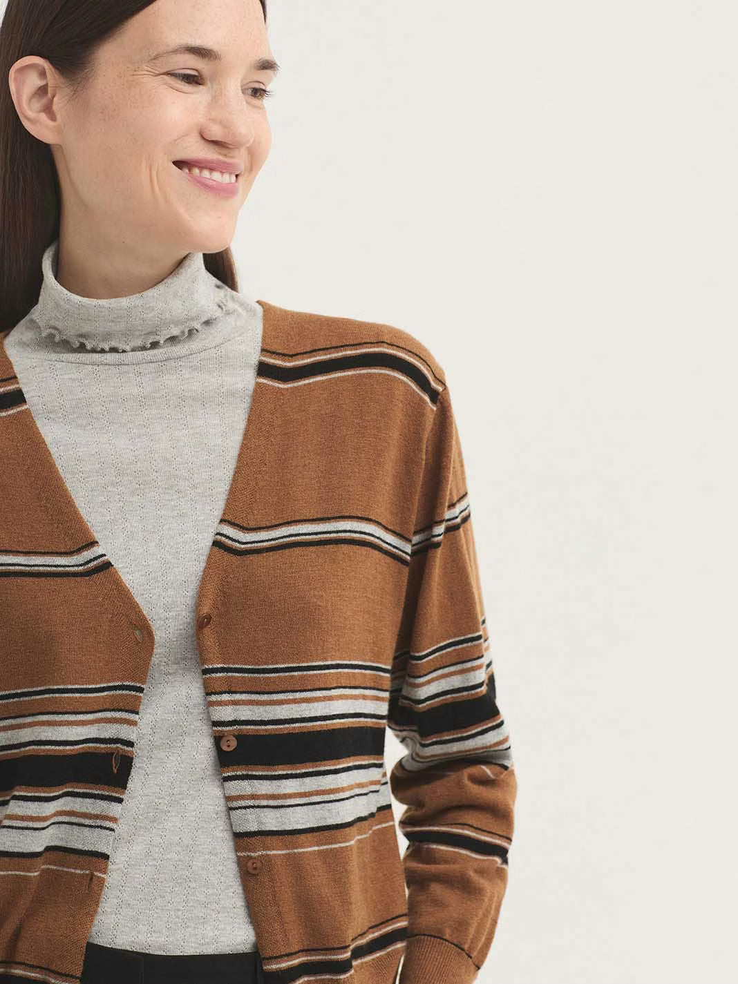 Three-tone striped fine-gauge cardigan - Caramel