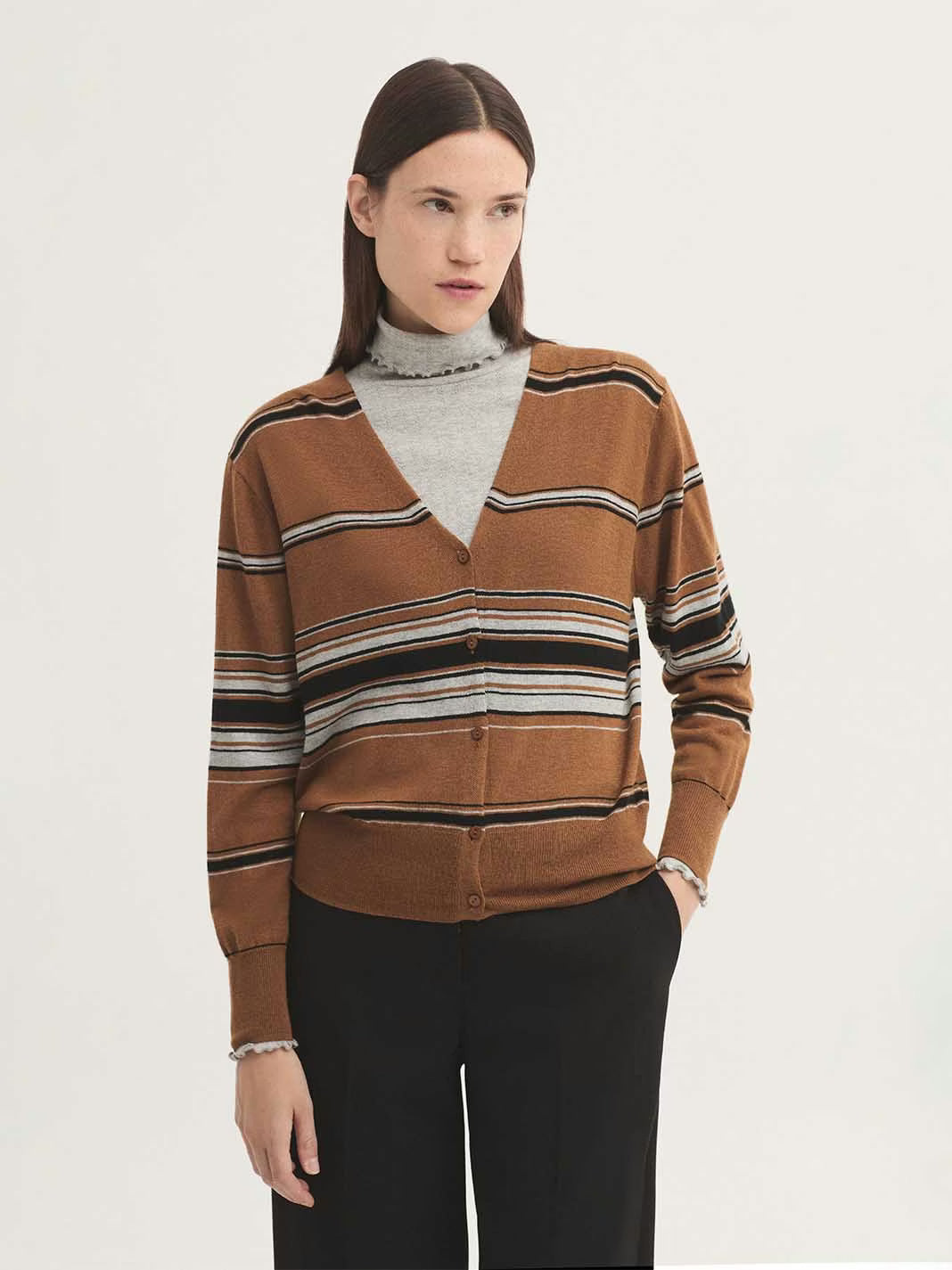 Three-tone striped fine-gauge cardigan - Caramel