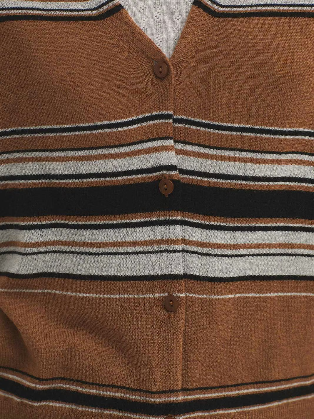 Three-tone striped fine-gauge cardigan - Caramel