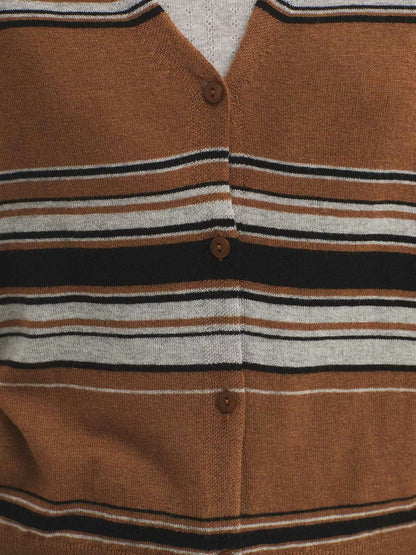 Three-tone striped fine-gauge cardigan - Caramel