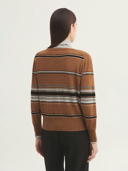 Three-tone striped fine-gauge cardigan - Caramel