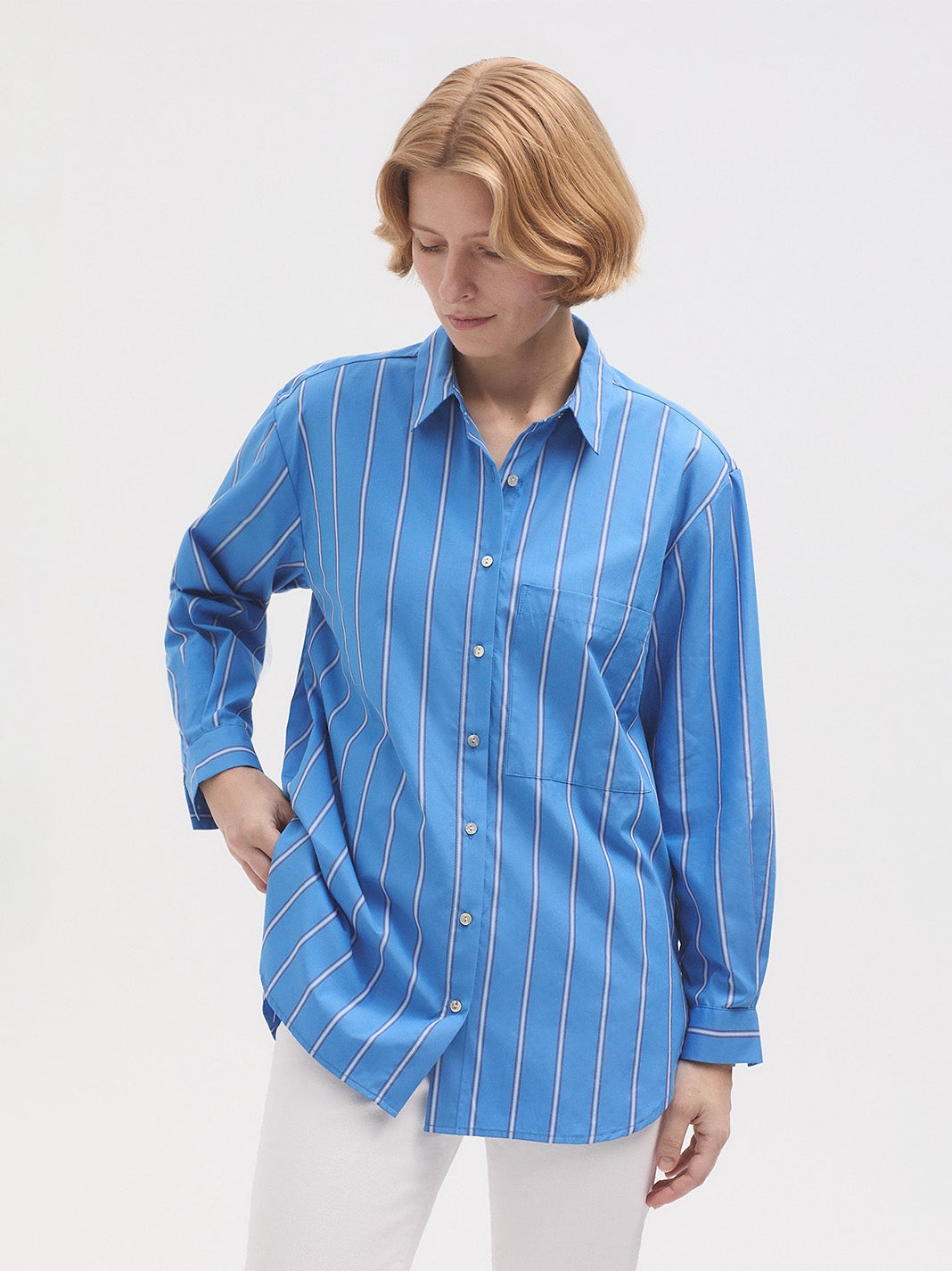 Striped Poplin Shirt - Medium Blue