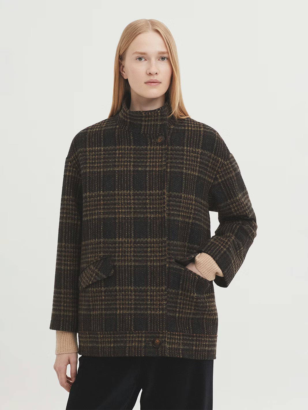 Plaid Wool Blend Jacket - brown tones
