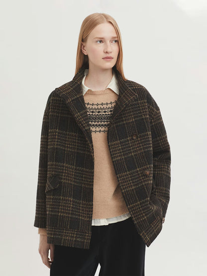 Plaid Wool Blend Jacket - brown tones
