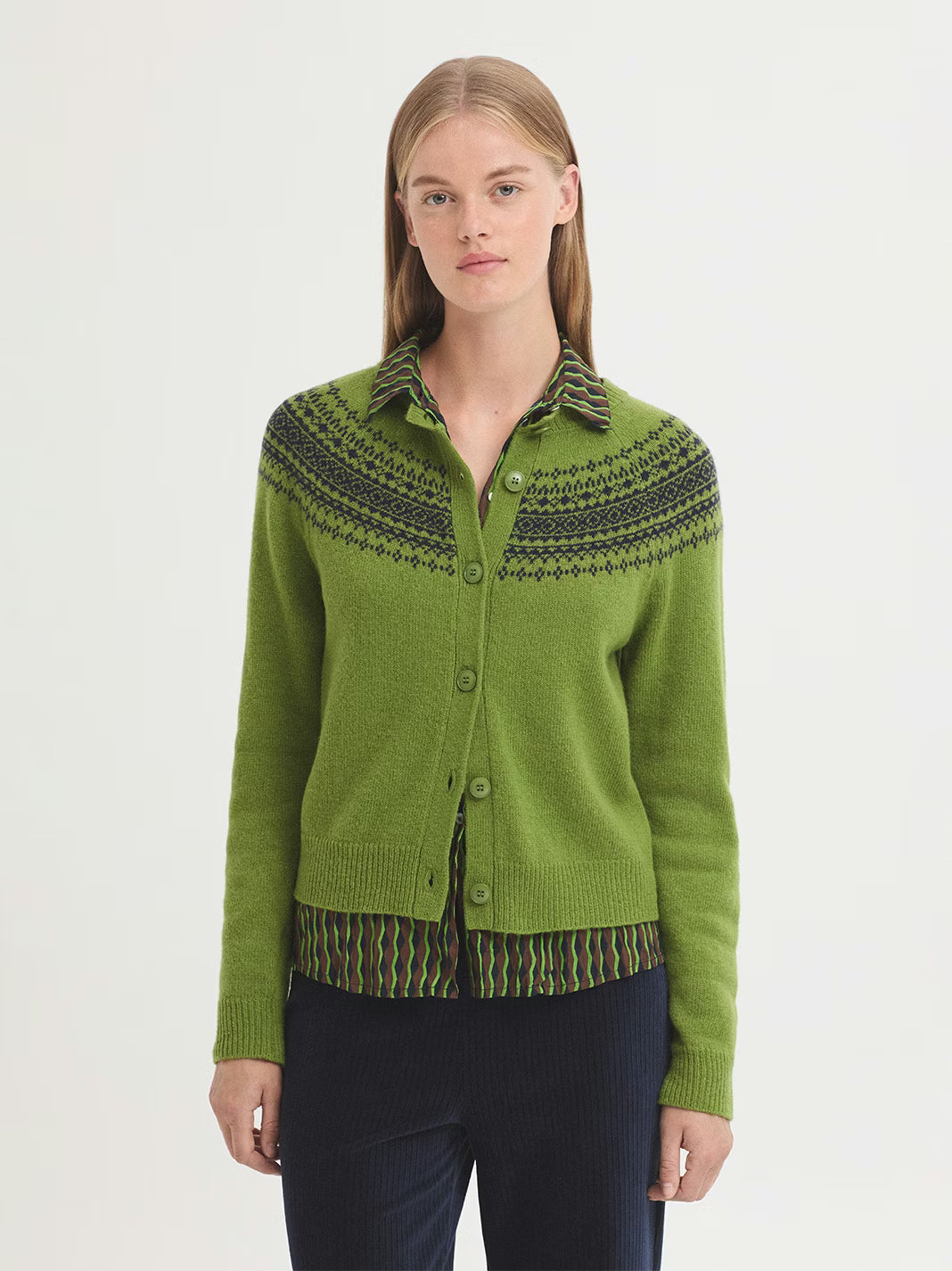 Wool Cardigan with Jacquard Fretwork - Kiwi Green