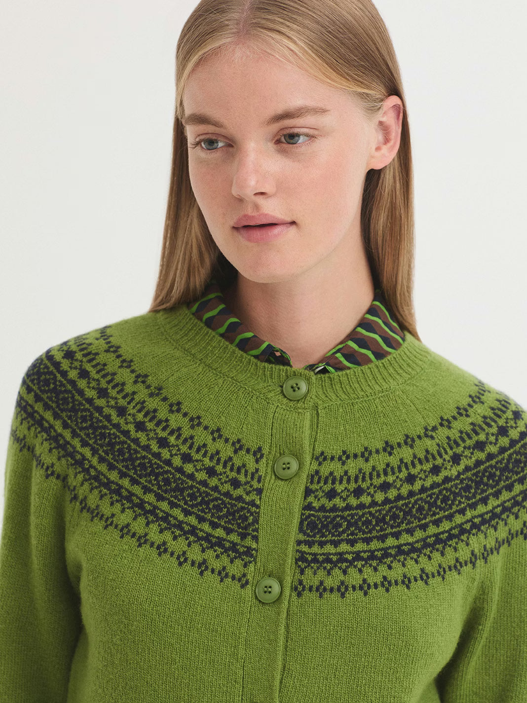 Wool Cardigan with Jacquard Fretwork - Kiwi Green