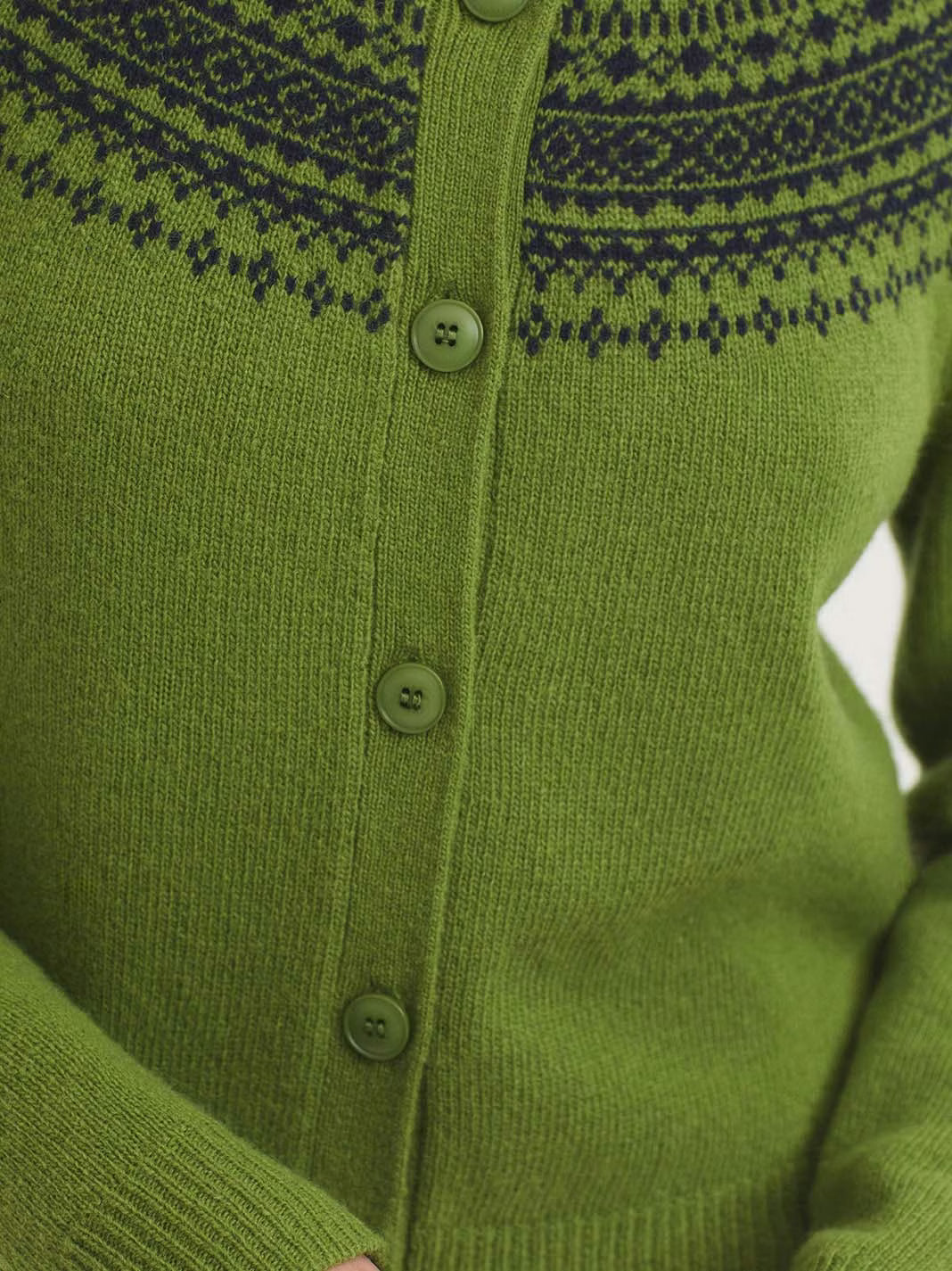 Wool Cardigan with Jacquard Fretwork - Kiwi Green