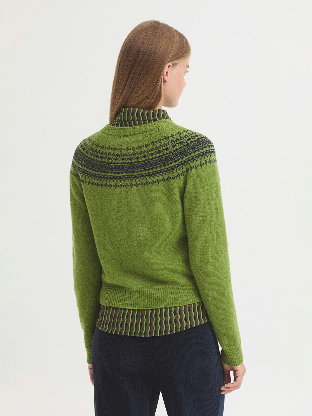Wool Cardigan with Jacquard Fretwork - Kiwi Green