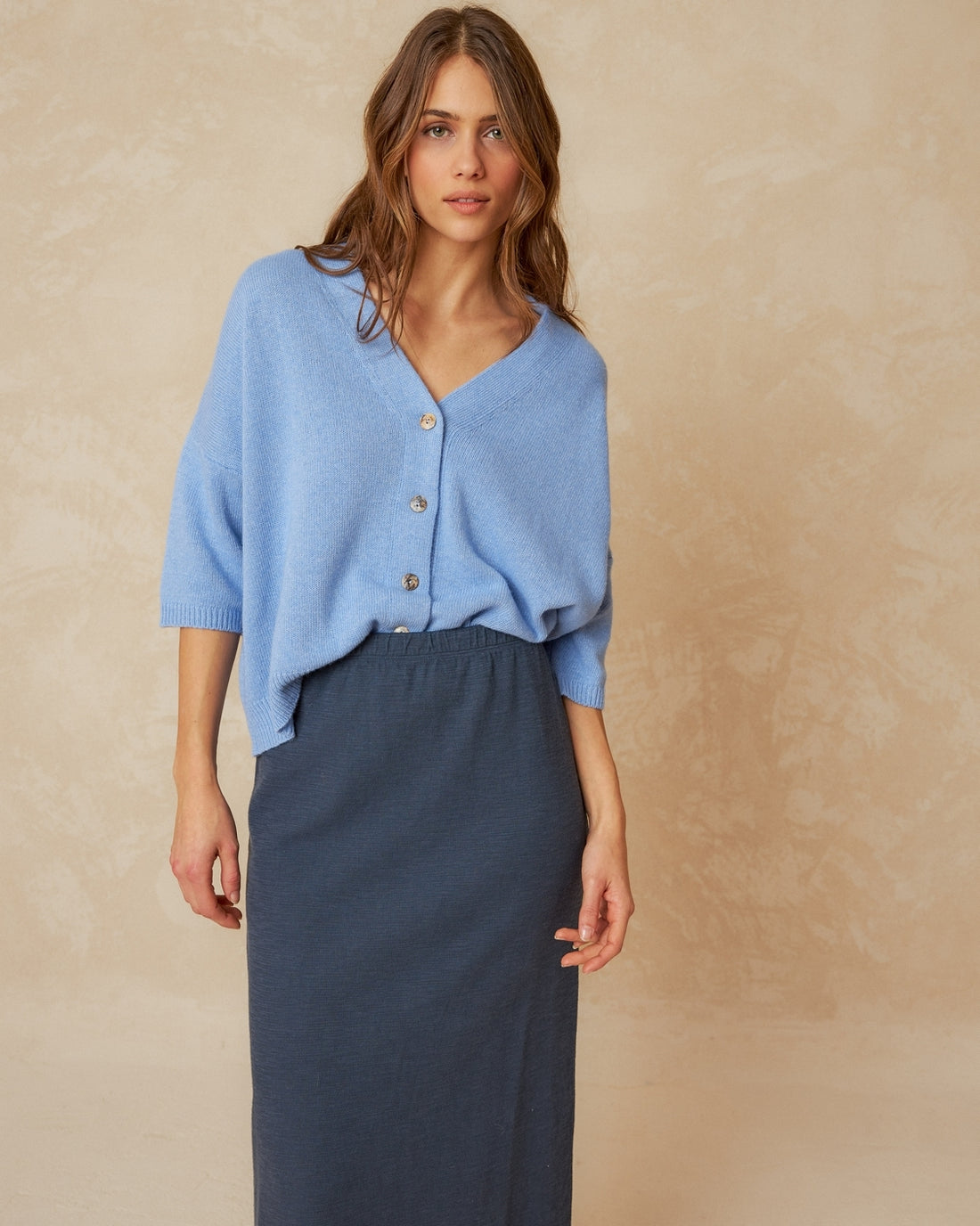 Indi&amp;Cold Knitted Cardigan with Short Sleeve- blue