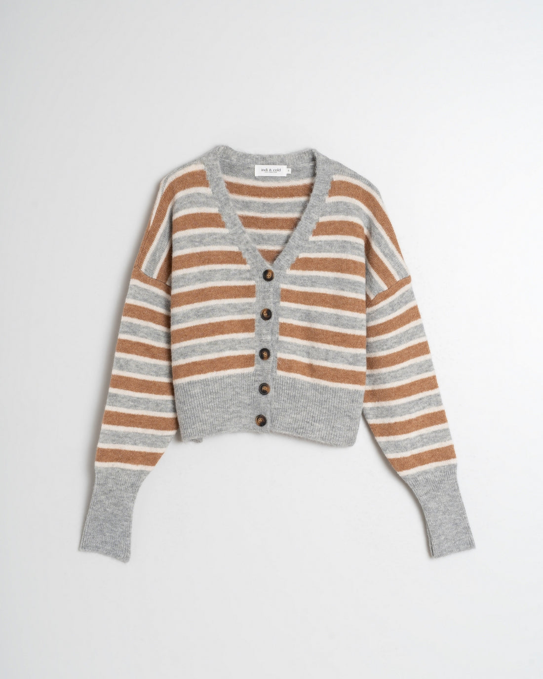 Indi&amp;Cold Striped Knit Cardigan- gray/brown/beige