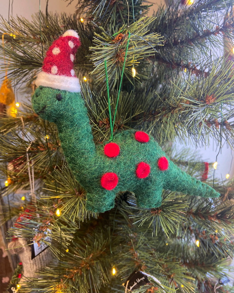 Pashom Felted Wool Christmas Decoration - Green Dinosaur with a hat