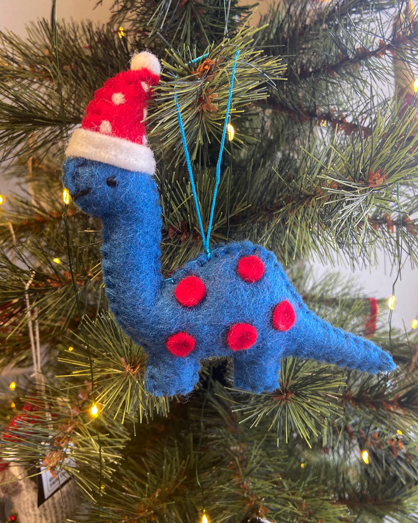 Pashom Felted Wool Christmas Decoration - Blue Dinosaur with a hat