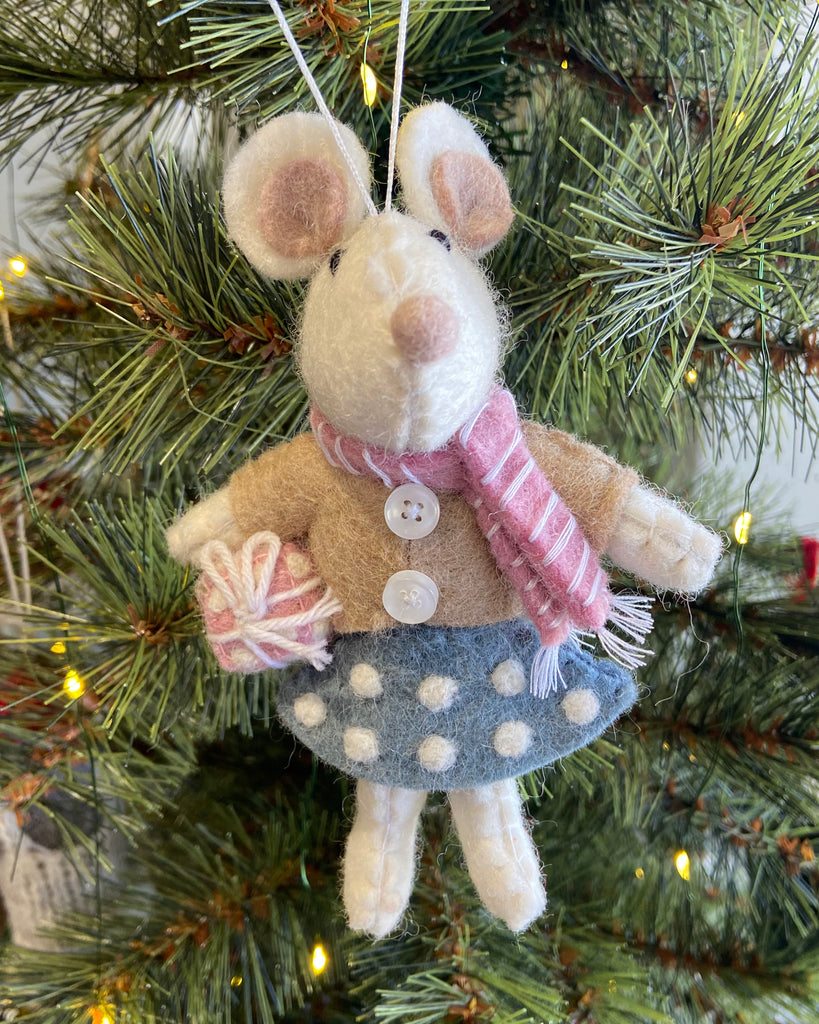 Pashom Felted Wool Christmas Decoration - Girl Mouse with a Gift