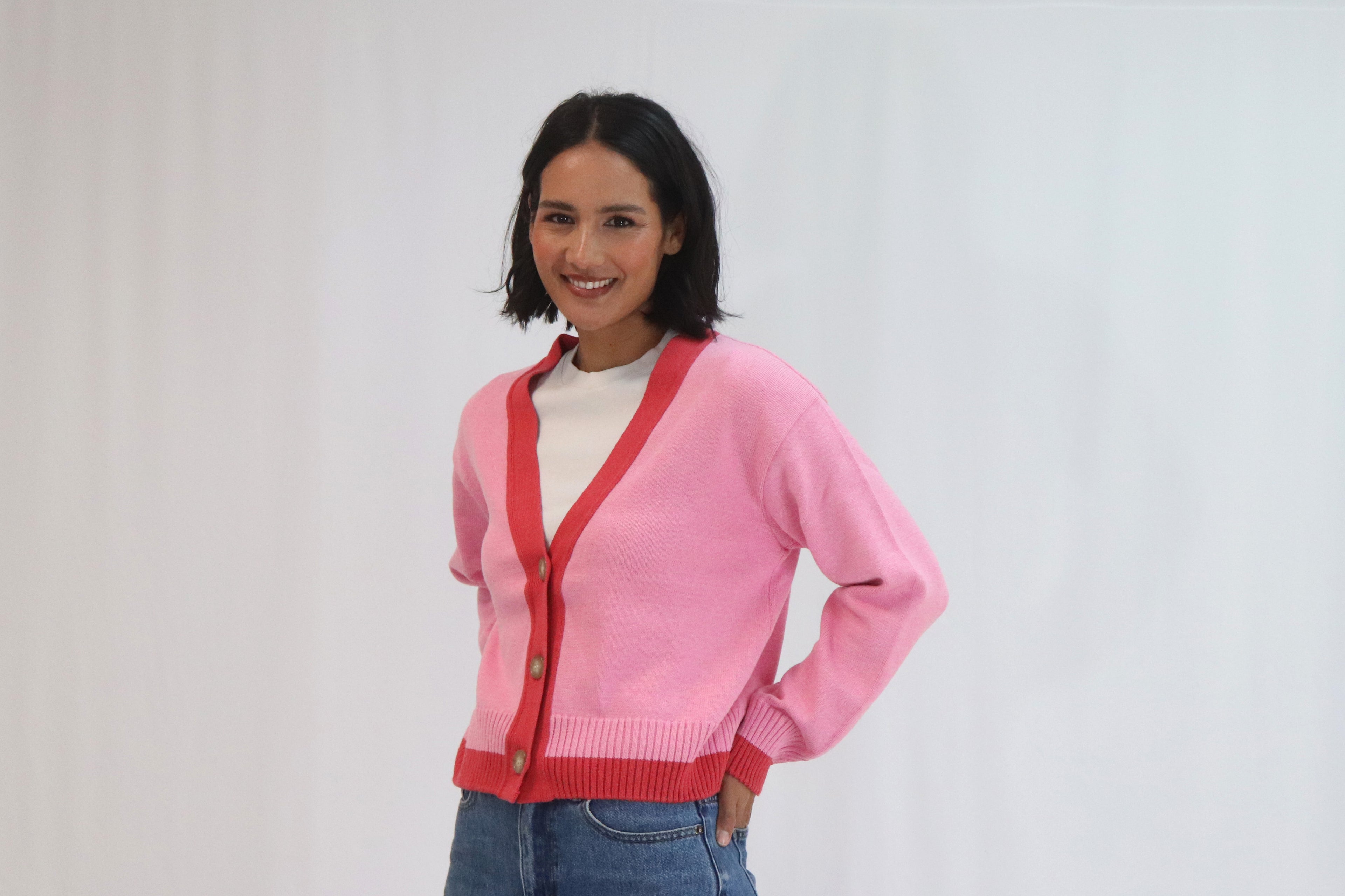 Tatano Contrast Cardi - Peony/Rose