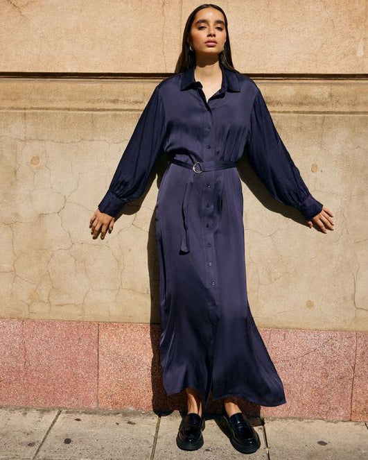 Kinney Elsa Dress Indigo Model Wears Front View