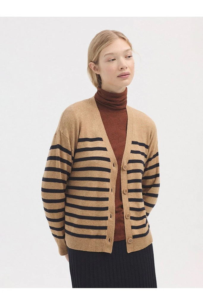 Nice Things Placement Stripe Cardigan - beige & black model wears front view