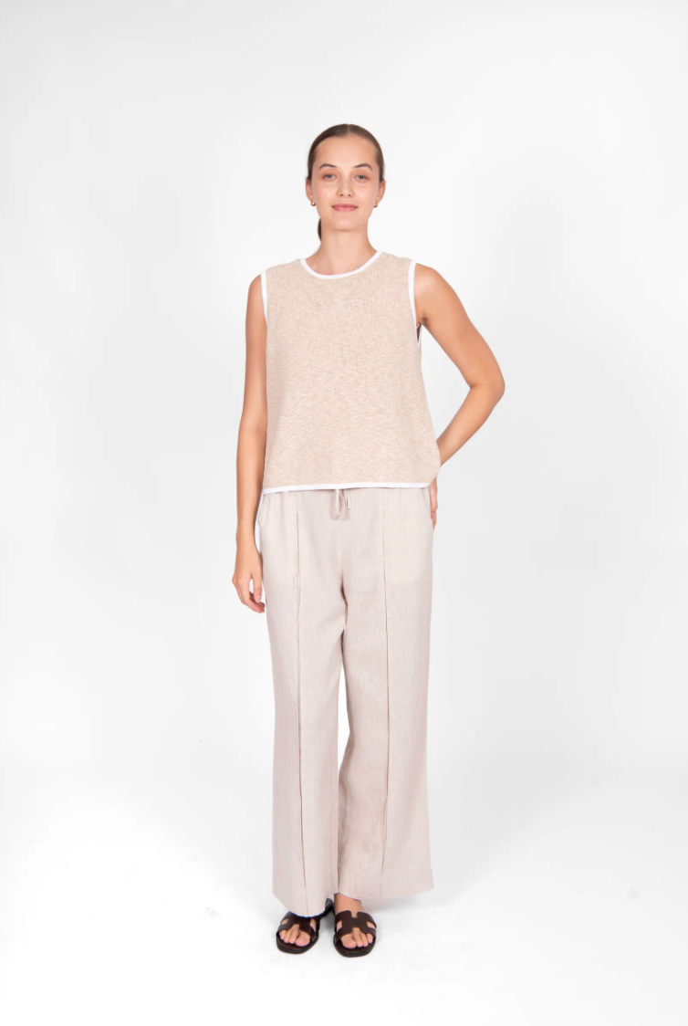 Button Back Vest - Sand/White