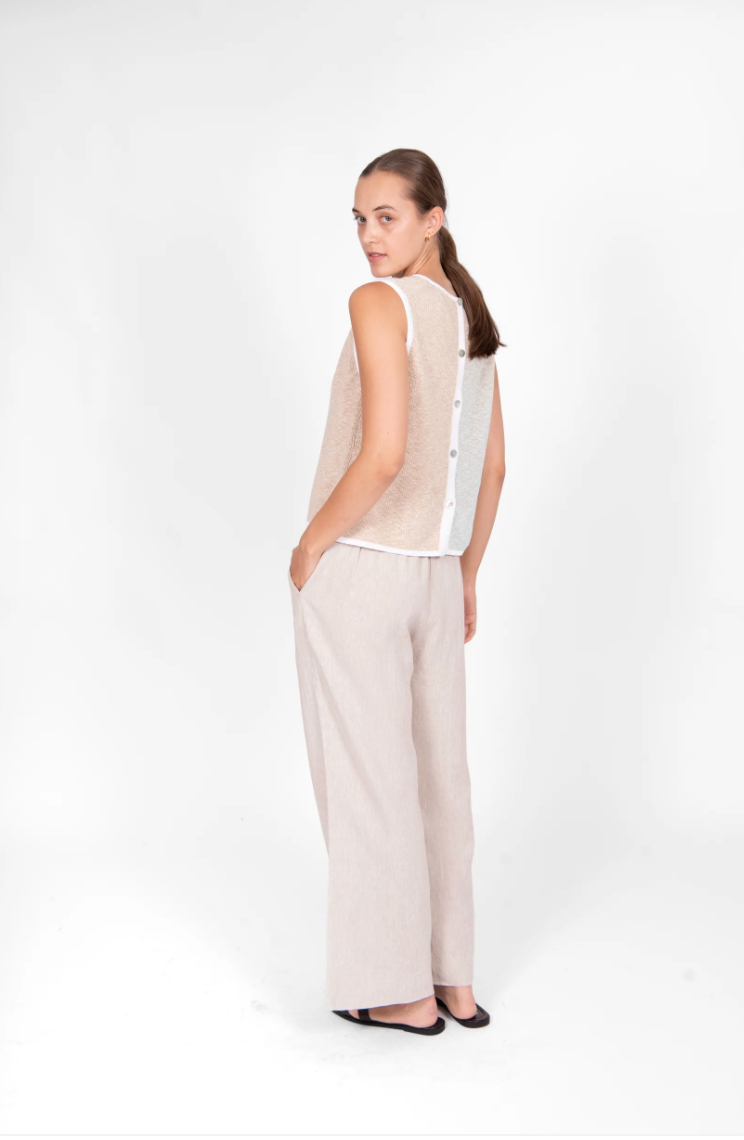 Button Back Vest - Sand/White