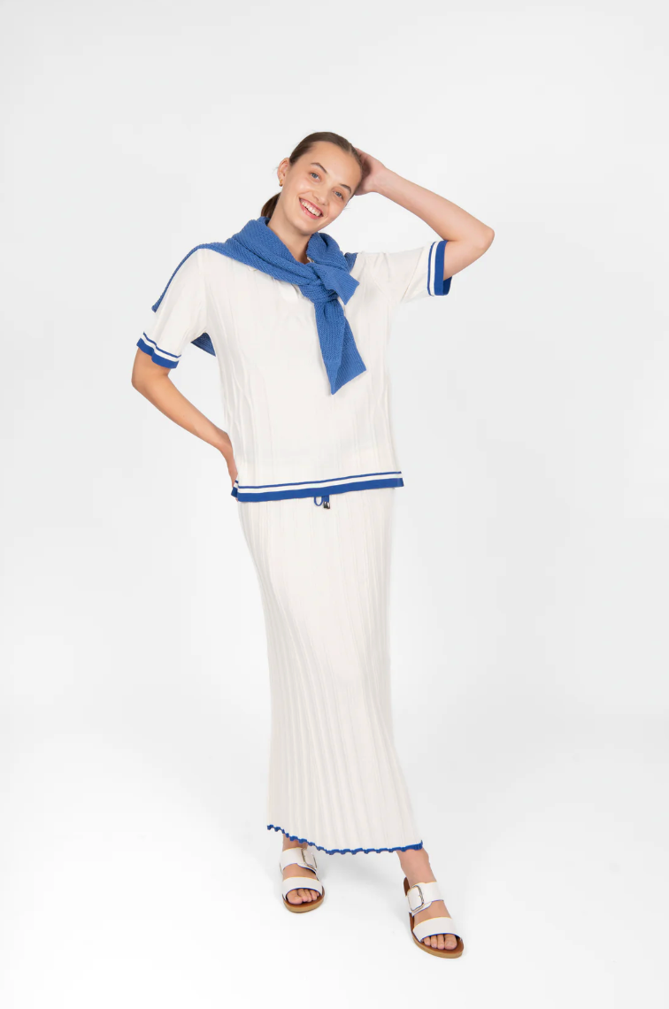 Polo with Tipping - Cream/Cobalt
