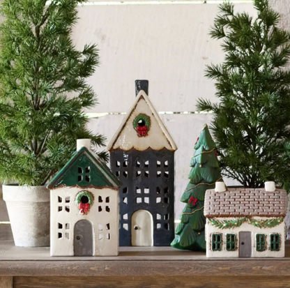 Christmas Tea Light House Blue with Wreath Large