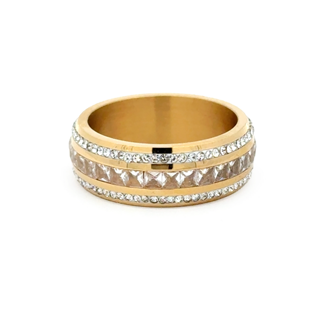 A&amp;C Oslo Pure Steel Champagne and Crystal CZ Ring with 14k Gold Plating