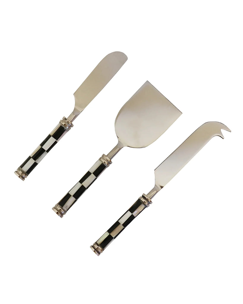 CC Interiors Checker Black and White Stainless Steel and Bone Cheese Server Set
