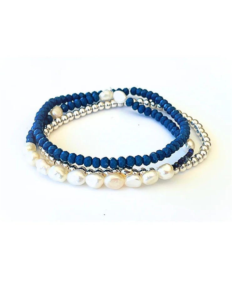 Lindi Kingi Beaded Bracelet Set - Baroque Pearl, Blue and Silver